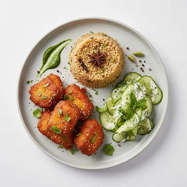 Amritsari Machhi Tikka with masala quinoa and minted cucumber salad